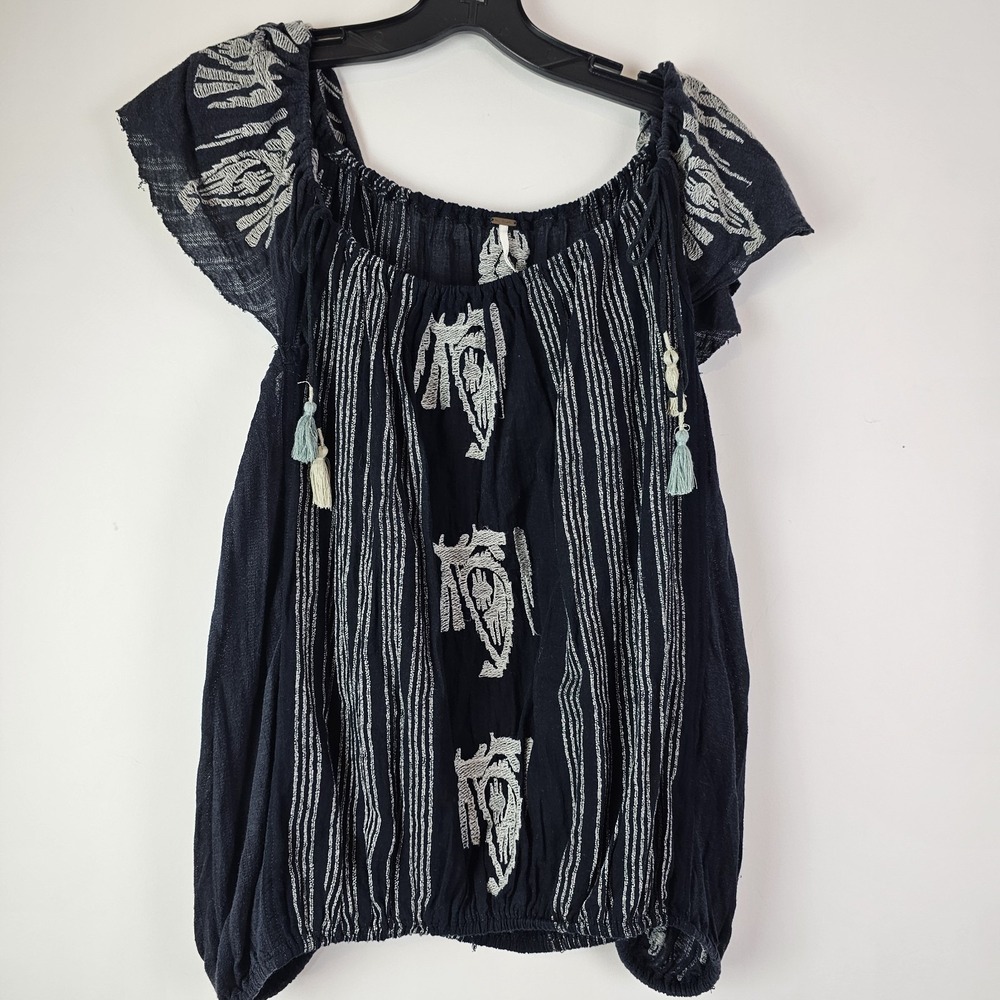 Free People Pukka Top Shirt Blouse M Black Boho Festival Western Peasant‎ Cotton